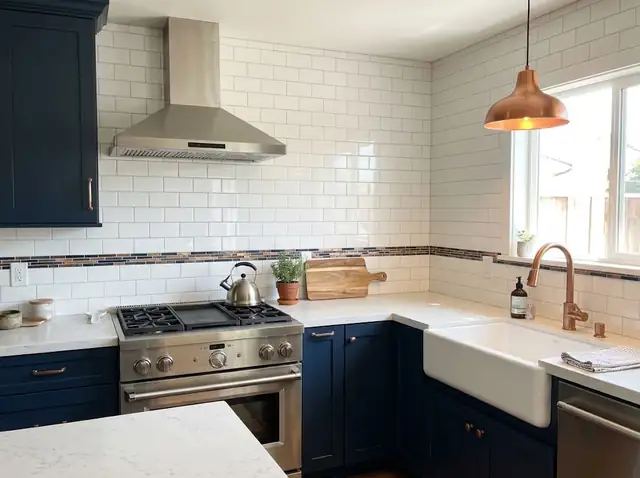 White subway tile backsplash behind a range and farmhouse sink with navy cabinets